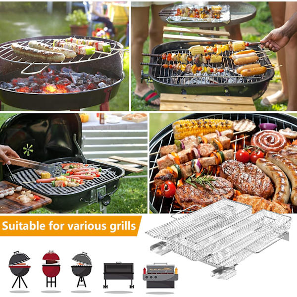 Koldrøgsgenerator i rustfrit stål med 2 kød kroge + 1 rengøringsbørste - Røger til BBQ grill, genanvendelige røgere (22,5 x 21,5 x 4 cm)