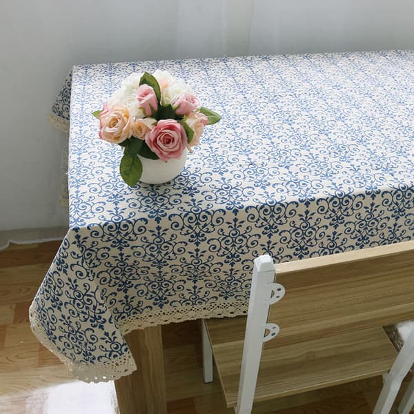 Klassisk linne bomull blå blomma tryckt bordsduk dammsäker rektangulär T
