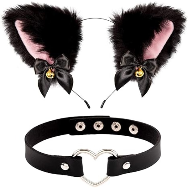 Black Cat Ear Pannband med Bell Heart Chocker Halsband Girl Plush Furry Ca