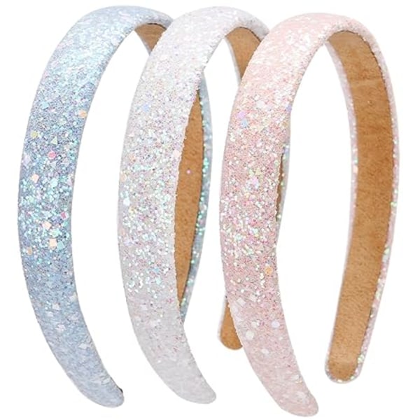 3-pack glittrande paljetter glittrande hårband för barn breda vadderade hårband mode söta dagliga accessoarer (rosa + himmelsblå + vit) 13,5 cm