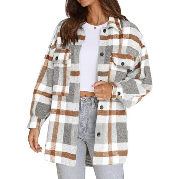 Kvinde Flannel Ternet Jakke Langærmet Knap Ned Bryst Lomme Skjorter