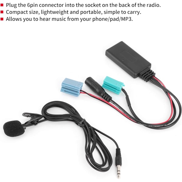 6-stifts Bluetooth-radioadapter för bilstereo AUX-in med mikrofon