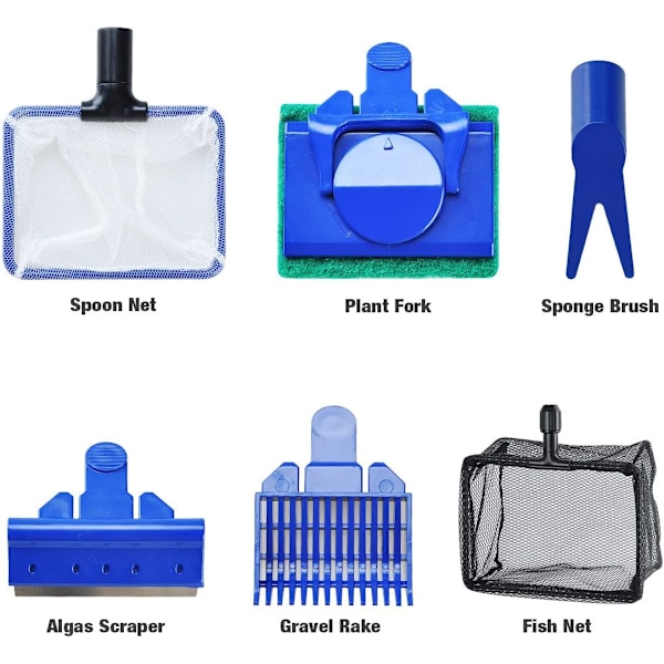 6 in 1 akvaariopuhdistussarja, jossa on kalanverkko, laskeutumisverkko, soraharava, kasvileikkuri, lasta, sieni ja liitin (6 in 1)