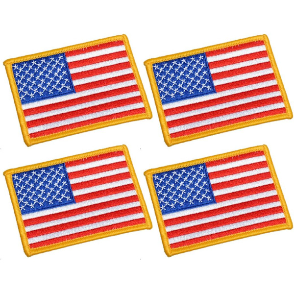 4 stk., 3,5 x 2,5 tommer. Stor størrelse amerikansk USA flag broderet klud sy på stryge på patch gylden gul kant.
