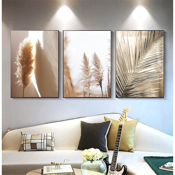 Setti 3 premium-julistetta, beige, pampasruoho, modernit kuvat koristeelliset