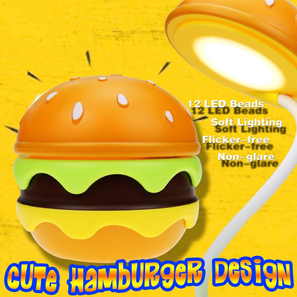 Søt skrivebordslampe for barn, oppladbar hamburger liten skrivebordslampe