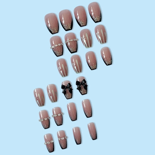 Pink Press On Nails Sort Medium French Tip, 3D Sort Sløjfe Bling Rhinestone Falske Negle til Kvinder Piger med Neglelim Sort Medium Kiste Akryl Falske Negle til Kvinder 24stk
