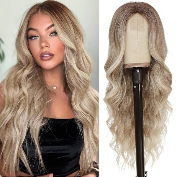 Lång Ombre Blond Peruk för Kvinnor 28 tum Lång Vågig Mittendel Peruk