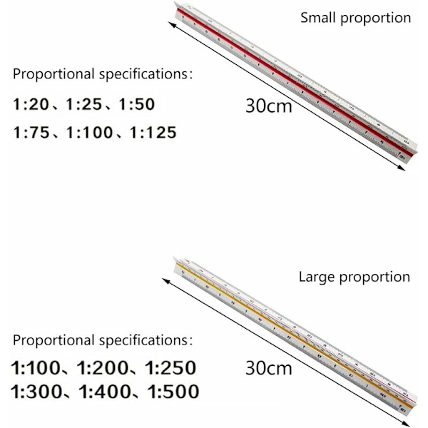 Arkitekt lineal 30cm, Trekant lineal, 2 stk Trekant skala, Forhold 1:
