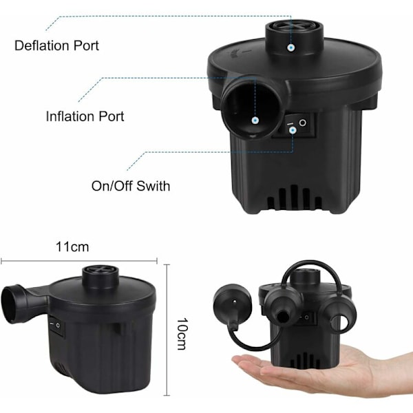 Elektrisk luft pumpe med 3 dyser, høy effekt elektrisk inflator pumpe, luft pumpe for padlebasseng, bassengleker, oppblåsbar madrass, oppblåsbar sofa, svømmering