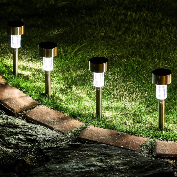 4 Pakke Solcellelys Utendørs Sti, Solcelle Ganglys Utendørs, Hage Led-Lys for Landskap/Terrasse/Plen/Hage/Oppkjørsel-Kald Hvit (Rustfritt Stål)37*5.5 cm