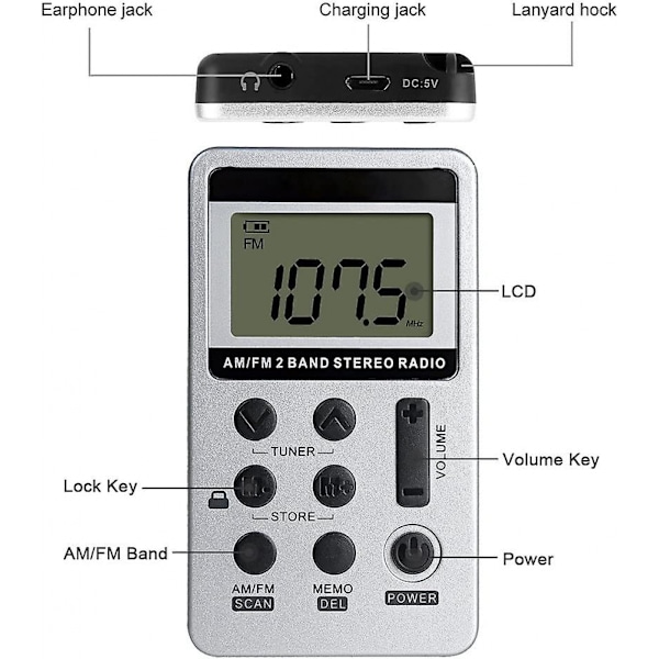 Mini kannettava stereoradio, ladattava, dsp Am Fm 2-kaistainen digitaalinen vastaanotin W