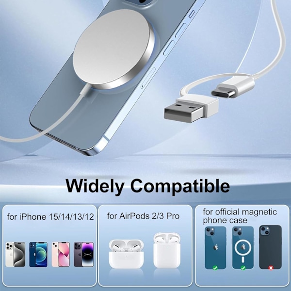 15W Magnetisk Induktionsladdare - MFi-Certifierad - Magnetisk Bas till USB-C Laddningskabel (1m) med USB-A Port, Lämplig för iPhone15/14/13/12 Pro Max M