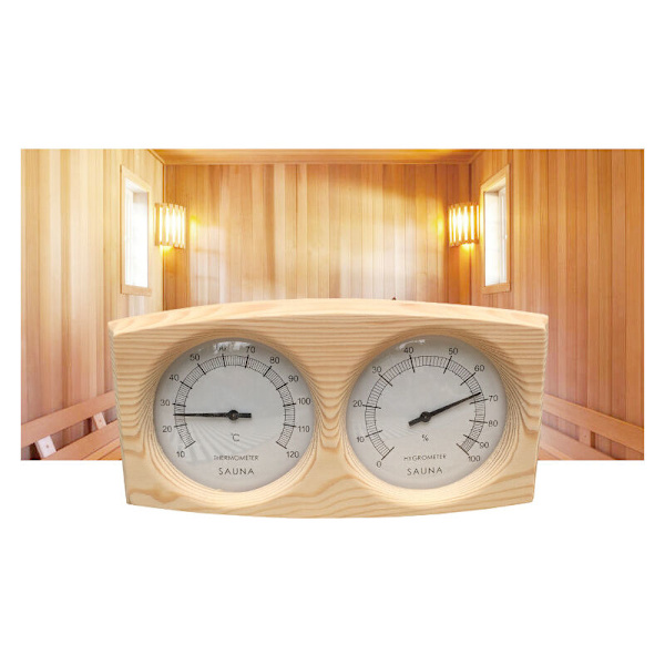 Termometer och hygrometer i furu för bastu, bakgrundsspa, bastutillbehör