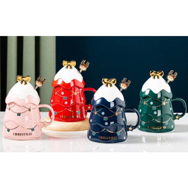Julkeramisk mugg med snölock och omrörningspinne Julgran formad-röd