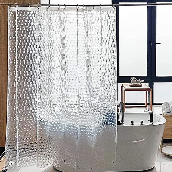 Anti-meldug bruseforhæng 180 x 200 cm, 3D semi-transparent EVA vaskbare bruseforhæng med 12 kroge, vandtæt antibakteriel hurtigtørrende, compa