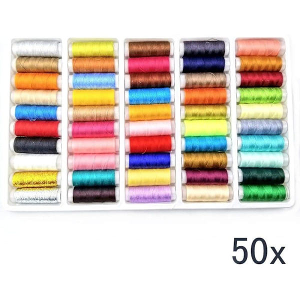 50 forskellige farver polyester sytråd af høj kvalitet, 137 meter pr. stk.