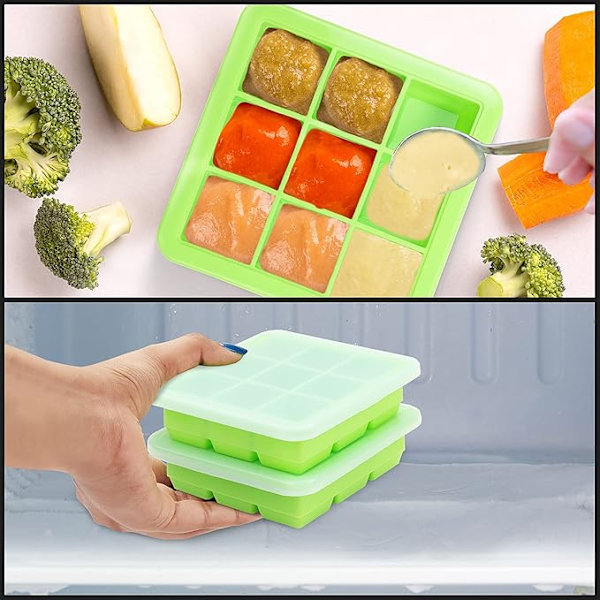 Set med 2 frysformar i silikon för baby med transparent lock - Baby iskubbricka 9 x 30 ml - Stapelbar silikonform för isbitar kompatibel med fruktpuré