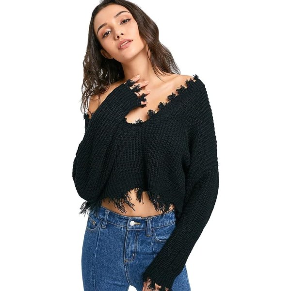 Kvinde løs langærmet V-hals Ripped Pullover Strik Sweater Crop Top sort