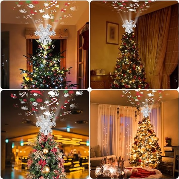 Joulukuusen latvatähti - Lumihiutale Joulukuusen latvatähti valaistu 3D pyörivällä lumihiutaleella - LED ontto glitter projektori - Joulukuusen latvatähti joulukuusen koristeisiin (hopea)