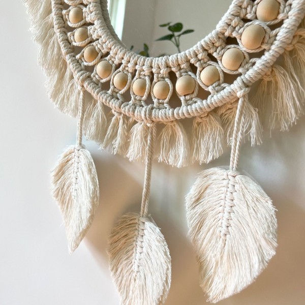 Handmade Macrame Wall Hanging Mirrors with Round Fringe for Apartment, Livi