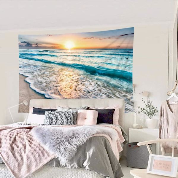 Strand Ocean Solnedgång Soluppgång Kust Gobeläng för Sovrum Extra Stor Väggdekor 150cm*130cm Sommar Hawaiiansk Havsvåg Havskust Solstråle Strandlinje Skyline Väggbonad Sovsal Vardagsrum