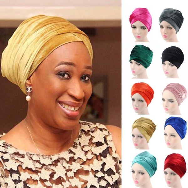 Multi Layer Fløjls Turban Cap Ensfarvet Elegant Hijab Hat Elast