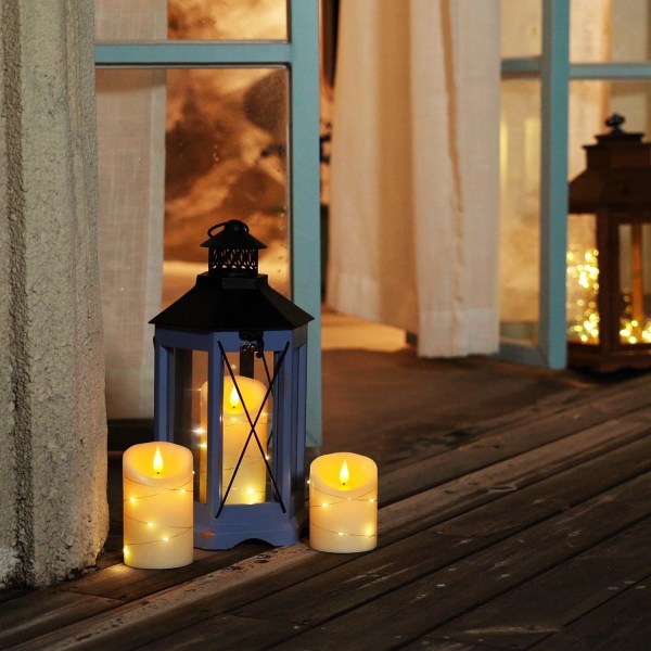 Flammeløse stearinlys med lysslynge, 3-pakke innebygd Fairy Strin