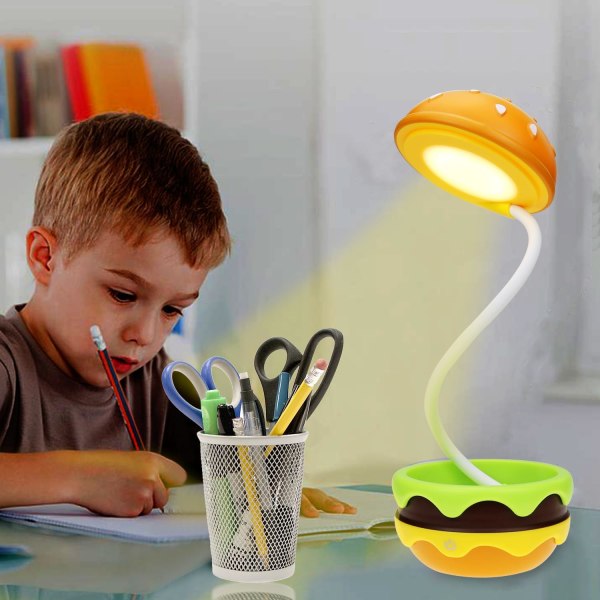 Søt skrivebordslampe for barn, oppladbar hamburger liten skrivebordslampe