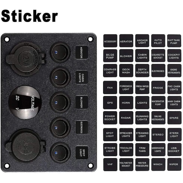 12v / 24v Kontrollpanel, 5 Grupper Av Vippebryterpaneler, Med 5v 4.2a Dobbel Usb-Lader, Vanntett Led-Voltmeter