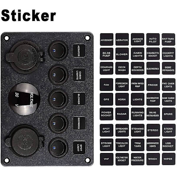 12v / 24v Kontrolpanel, 5 Grupper Af Vippekontaktpaneler, Med 5v 4.2a Dobbelt Usb-Oplader, Vandtæt Led-Voltmeter