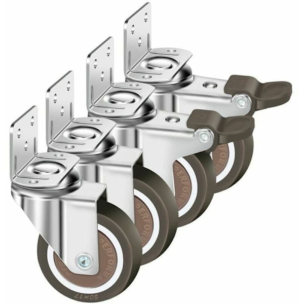 Set med 4 svängbara hjul, 50 mm, 100 kg möbelhjul, L-formade möbelhjul med broms, 360° rotation, för inomhus- och utomhusbruk (2 hjul med broms)