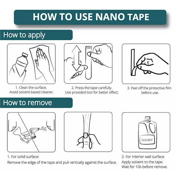 5M/16.4FT Heavy Duty Nano Dobbeltsidig Klebende Tape(3cm*2mm), Transparent Fjernbar Monteringsteip, Sterk Sporløs Gel Tape Vaskbar og Gjenbrukbar for