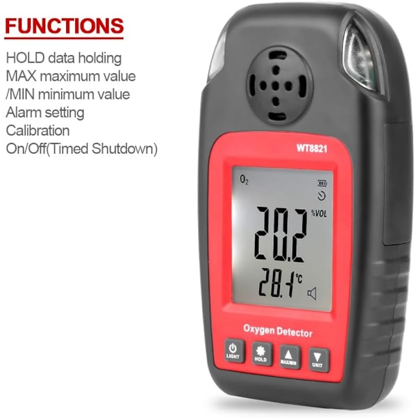 Gassdetektor, Oksygendetektor WT8821 0~25% VOL Bærbar Oksygen Tester Analysator O2 Detektor LCD-skjerm, for Arbeid og Hjem