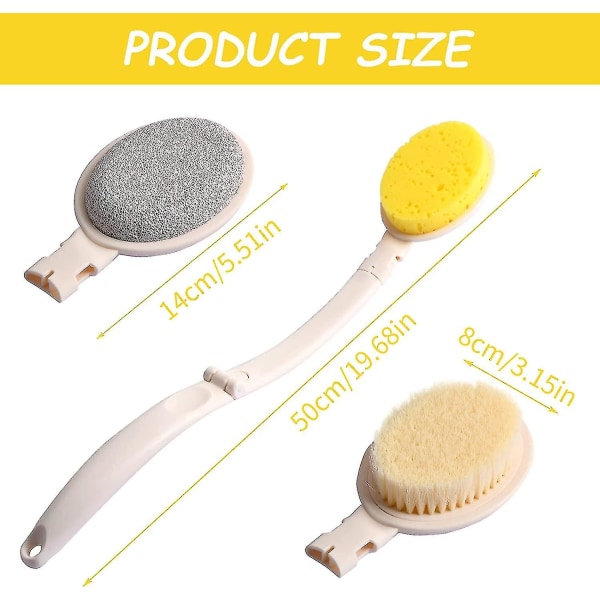 3 i 1 badborste set - hopfällbar duschborste med långt handtag och 3 utbytbara huvuden (borst, svamp, pimpsten) för exfoliering