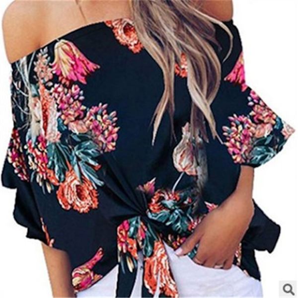 Kvinnors randiga off-the-shoulder toppar 3/4 klockad ärm knut casual blusar