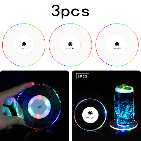 3-pak Akryl Krystal LED Glow Coasters Bar Cocktail Bright Glit
