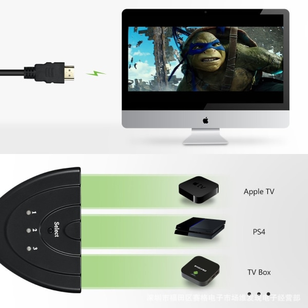 HDMI-kytkin/vaihtaja 3 porttia 3x1 v1.3 1,5 jalan pigtail-johdolla