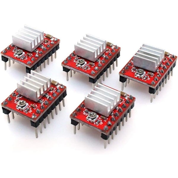 A4988 StepStick Kompatibel Trinmotor Driver Modul med Køleplade til 3D Printer Controller Ramps 1.4 (5 stk. Pakke) - Rød