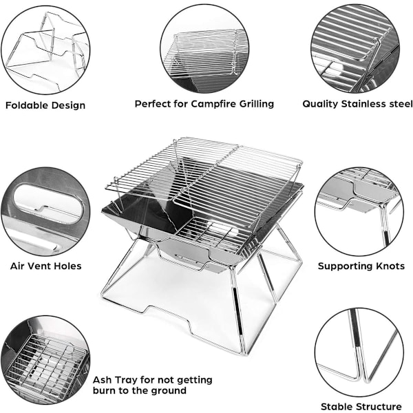 Foldbar Campingbålsplads, 304 Rustfrit Stål Grill, Rustfrit Stål Klips, Robust Bærbar Campinggrill med Bærepose til Bål, Camping, Pi