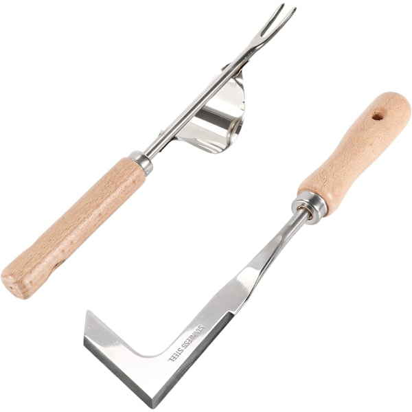 2 stk. manuel lugejern, rustfrit stål lugejern, have lugejern, havegaffel, rodugræsluger, med ergonomisk naturligt træhåndtag, til lugning af din