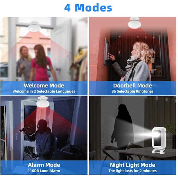Rörelsedetektorlarm Entrélarm - Trådlös dörrklocka med 60 ringsignaler Butik/Marknad/Kontor Summerdetektor 120dB Säkerhetslarm, Batteridriven