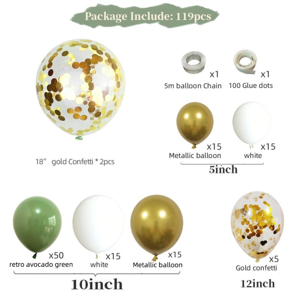 119PCS Olivgrøn Ballonbue Girlande Kit  Retro Grøn Ballon og Guld Metallic Chrome Latex Balloner Sæt til Bryllup Fødselsdag Balloner Baby Shower Dekorationer