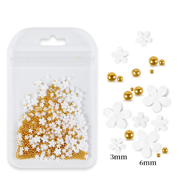 3D blomma nagelkonst smycken blomma applikation hänge vit guld pärla blomma