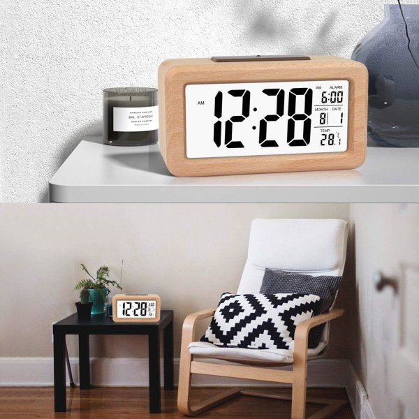 Enkel inställning Trä Digital väckarklocka med temperatur, Digital väckarklocka, Datum, Bakgrundsbelysning, Snooze