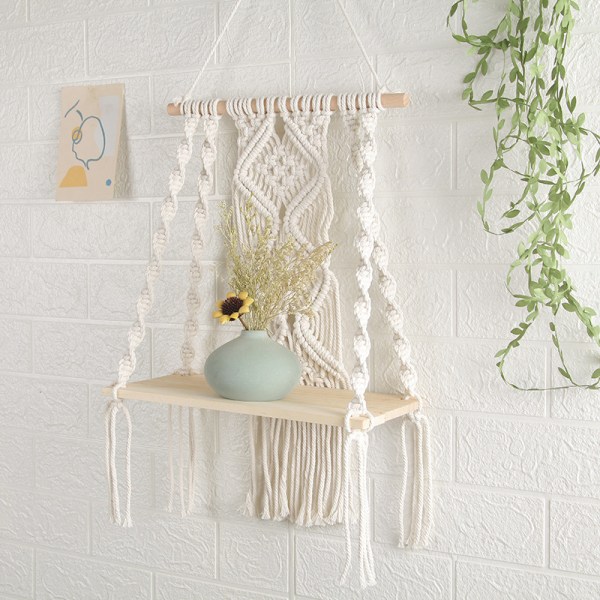 Macrame vägg hängande hylla bohemisk för sovrum - vävd rep macrame väggkonst som hylla dekor - växt hängare med virkade väggbonader beige 30*50cm