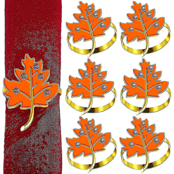 6 st Orange Maple Servettringar Höst Thanksgiving Servettringshållare Spänne Löv Servettring Skörd Farmhouse Stil Metall Rhinestone Servettringar