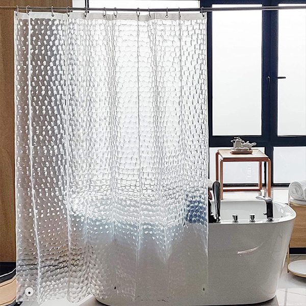 Anti-meldug bruseforhæng 180 x 200 cm, 3D semi-transparent EVA vaskbare bruseforhæng med 12 kroge, vandtæt antibakteriel hurtigtørrende, compa