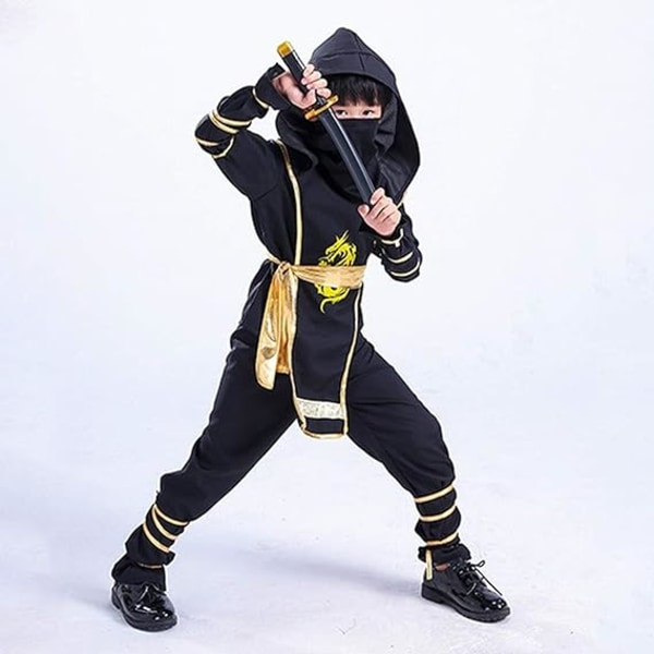 Ninja flicka pojke cosplay anime ninja kostym barn drake svart guld huva mask