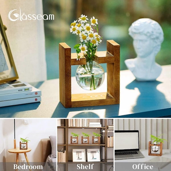 Glödlampa Avokadovase i Glas, Ekelvas för Blommor, Terrariumburk, Planteringskärl med Trähylla, Ställ för Gröna Vattenväxter, Passar för Hem K